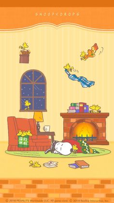 a cartoon dog is sleeping on the floor in front of a fire place and christmas tree