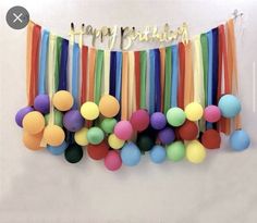 colorful streamers and balloons are hanging on the wall with happy birthday written above them