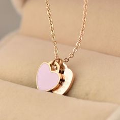 Women's 18K Rose Gold Love Heart Necklace for Girlfriend Trendy Pink Jewelry For Anniversary, Pink Clavicle Chain Necklace For Valentine's Day, Rose Gold Heart Pendant Necklace With Clavicle Chain, Rose Gold Double Heart Clavicle Chain, Trendy Rose Gold Heart Necklace, Elegant Pink Heart Necklace With Clavicle Chain, Personalized Rose Gold Heart Necklace For Her, Pink Heart Clavicle Chain Necklace For Mother's Day, Double Heart Charm Necklace For Best Friend