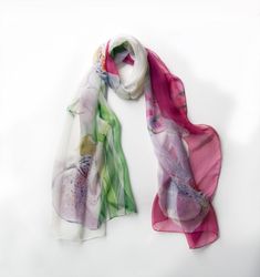 Silk chiffon scarf hand painted. Orchids silk scarf paint by hand. Handpainted scarves. White, Floral silk chiffon scarf with Fluorescent Purple side. Spring inspired scarf. Beautiful Oversized Blooms in fuchsia and light lavender. Long chiffon scarf painted in watercolor technique. OOAK gift for mom ►measurements of the scarf is 17 by 70 inches fabric used to paint is silk chiffon. ►Recommended Washing only by hand in cold water. See another floral composition here: https://www.etsy.com/shop/kl Floral Shawl, Silk Chiffon Scarves, Velvet Scarf, Hand Painted Scarves, Painted Scarf, Silk Scarf Painting, Light Lavender, Painted Silk, Hand Painted Silk