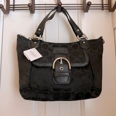 Nwt Coach Handbag. Originally Purchased At A Coach Store. Black Signature Fabric With Silver Buckle (Front Pocket). Long Purse Strap Included. Coach Market Tote, Nude Handbag, Coach Store, Coach Crossbody Purse, Handbag Essentials, Leather Tote Purse, Vintage Coach Bags, Coach Handbag, Brown Leather Bag