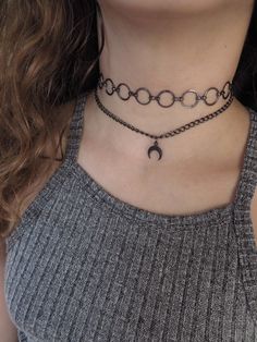 "Crescent Moon Choker Necklace, Double Wrap Choker, Black Choker Necklace, Black Dainty Choker, Double layer Choker, Delicate Velvet Choker ❤ BUY ANY 2 ITEMS ANS GET 15% OFF!! (USE COUPON CODE '15OFF') ❤ ❤ BUY ANY 4 ITEMS ANS GET 20% OFF!! (USE COUPON CODE '20OFF') ❤ ❤ BUY ANY 6 ITEMS AND GET 25% OFF!! ((USE COUPON CODE '25OFF') ❤ Complete any outfit with this unique gorgeous fashionable and trendy delicate double layering horn/crescent moon choker necklace! Made from 10mm + 3mm velvet cord, and Emo Style Festival Jewelry With Chain, Alternative Style Black Metal Jewelry, Alternative Style Black Metal Choker, Black Metal Alternative Style Choker, Emo Metal Necklace For Festivals, Emo Metal Choker For Festivals, Emo Style Metal Choker For Festivals, Black Metal Choker For Alternative Fashion, Emo Metal Necklace For Concerts