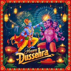 happy dussehra with the image of two men and fireworks in the sky behind them