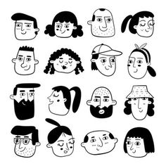 black and white drawing of people's faces with different facial expressions