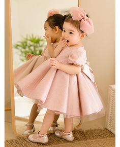 Get 10% off now! Buy pink lace ballgown short sleeved flower girl dress with bow at cheap price online. Free stable shipping and pro custom service since 2009. Pink Flower Dress Kids, Mini Bride Dress Kids Flower, Kids Pink Floral Dress, Blue Green Wedding, Prom Dresses Yellow, Purple Prom Dress, Lace Beach Wedding Dress, Country Wedding Dresses, Tea Length Wedding Dress