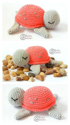 crocheted turtle is laying on the ground with its eyes closed and it's head