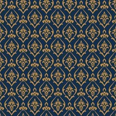 a blue and gold wallpaper with an ornate design