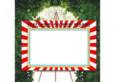 an image of a photo frame with trees in the background and red and white stripes on it