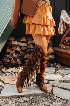 Knee High Fringe Boots, Minnetonka Fringe Boots Outfit, Outfits For Dancing, Knee High Cowboy Boots Outfit, Fringe Boots Outfit, Knee High Cowgirl Boots, Witch Outfits, Morgan Wallen Concert, Nfr Outfits