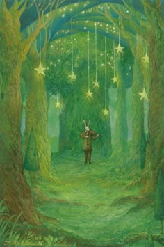 a painting of a man standing in the middle of a forest with stars hanging from the ceiling