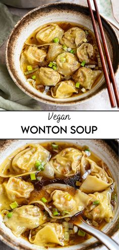 two pictures of wonton soup with chopsticks on the side