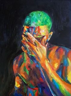 a painting of a man with his hands on his face and mouth covered by colored paint