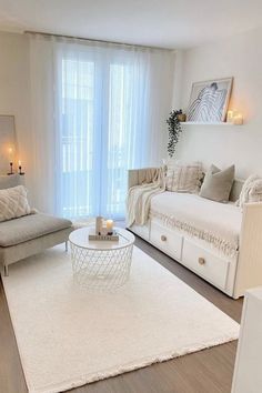 a living room filled with furniture and a white rug