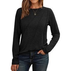 Looking for the perfect go-to top this fall? This Women's Long-Sleeve Crewneck Top offers both comfort and style in one versatile piece. Made from a soft and stretchy fabric, it's perfect for those casual days when you want to look good without sacrificing comfort. The unique diagonal stitching detail adds a trendy twist to a classic design, making this top a must-have for your fall wardrobe. Whether you're layering it under a jacket for extra warmth or wearing it solo, this top is designed for Tunic Tops With Leggings For Work, Tops With Leggings, Leggings For Work, Tunic Tops With Leggings, Tops To Wear With Leggings, Short Sleeve Tunic Tops, Womens Tops Dressy, Flowy Shirt, Wear With Leggings