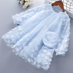 Floral Design Multi-Layer Long Sleeve Girl Mesh Dress Spring Princess Dress With Ruffles, Spring Light Blue Princess Dress With Ruffles, Blue Long Sleeve Princess Dress For Spring, Spring Blue Princess Dress, Blue Princess Dress For Spring, Light Blue Baptism Dress For Spring, Light Blue Spring Baptism Dress, Spring Baptism Blue Dress, Kid Dresses