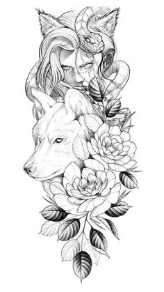 a wolf and roses tattoo design