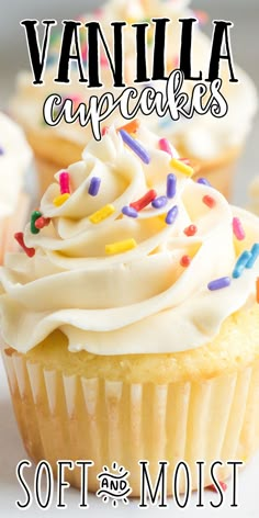 vanilla cupcakes with white frosting and sprinkles