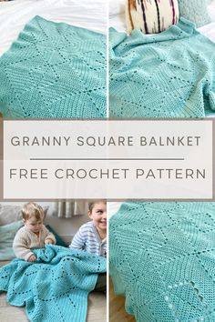 4 images of a turquoise granny square crochet blanket. In one image there are 2 young children under the blanket Easy Beginner Crochet Blanket, Solid Granny Square Blanket, Beginner Crochet Blanket, Beginner Stitches, Cross Blanket, Solid Granny Square, Crochet For Beginners Blanket, Easy Crochet Blanket