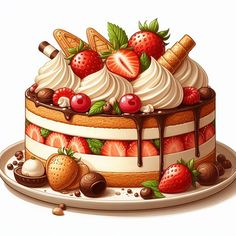 a cake with strawberries, chocolate and whipped cream on top is sitting on a plate