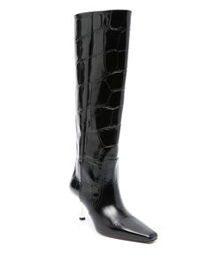 Black calf leather boots, embossed crocodile effect, square toe, high heel, leather sole, leather liningComposition: Calf Leather, 100% Luxury Knee-high Boots With Square Toe And Reinforced Heel, Luxury Knee-high Boots With Sculpted Heel And Square Toe, Luxury Knee-high Boots With Reinforced Heel And Square Toe, Luxury Square Toe Heeled Boots For Formal Occasions, Luxury Formal Square Toe Heeled Boots, Elegant Leather Heeled Boots With Crocodile Pattern, Luxury Patent Leather Heeled Boots With Square Toe, Elegant Formal Boots With Crocodile Pattern, Elegant Heeled Boots With Crocodile Pattern And Pointed Toe