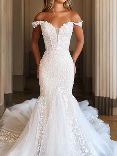 Mermaid Off-the-Shoulder Cathedral Train Tulle Wedding Dresses Prom Dress Pictures, Tulle Wedding Dresses, Wedding Dress Outfit, Cathedral Train, Wedding Ideas Dresses, Cute Wedding Dress, Mermaid Bridesmaid Dresses, Pretty Wedding Dresses, Wedding Dresses Corset