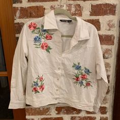 This Is New Without Tags Never Been Worn White Floral Embroidered Summer Outerwear, White Floral Embroidered Outerwear For Summer, White Floral Embroidery Summer Outerwear, Spring Embroidered White Outerwear, Spring Embroidered Collared Outerwear, Collared Cotton Outerwear With Embroidery, Collared Embroidered Cotton Outerwear, White Embroidered Spring Outerwear, Spring White Embroidered Outerwear