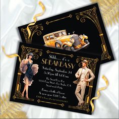 two black and gold business cards with an image of a man in a car on them