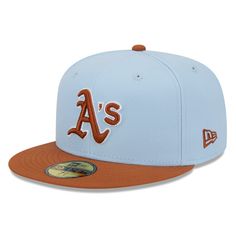 Elevate your collection of Oakland Athletics headwear with this Spring Color Two-Tone 59FIFTY hat from New Era. It features a vibrant design and embroidered team graphics that stand out from the crown in raised detail. With a precise fit and structured build, this Oakland Athletics cap is sure to be a comfortable option for every upcoming trip to the ballpark. Imported Material: 100% Polyester Officially licensed Structured fit Brand: New Era Six panels with eyelets Wipe clean with a damp cloth Casual Brimmed Fitted Hat For Baseball Season, Retro Blue Baseball Hat, Brown Snapback Hat For Spring, Brown Snapback Baseball Cap For Spring, Brown Flat Brim Hat For Baseball Season, Oakland A’s, Classy Outfits Men, 59fifty Hats, Spring Color