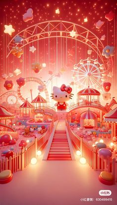 hello kitty is standing in the middle of an amusement park with ferris wheel and carousels