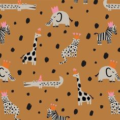 an animal themed pattern with zebras, giraffes and elephants on orange background