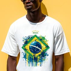 Support the Brazil national team in style with this customizable Brazil soccer t-shirt! Perfect for the upcoming Copa America, this exclusive design features a yarn-textured coat of arms on a clean white background, showcasing the essence of Brazilian pride. The emblem includes a central blue globe with the Southern Cross constellation, surrounded by a green and yellow yarn wreath representing Brazil's national colors, and topped with a golden armillary sphere. Five stars are prominently display White Cotton T-shirt For Fan Events, White Crew Neck T-shirt With Team Spirit, White Crew Neck T-shirt For Team Spirit, Team Name T-shirt For Fan Events, Team Spirit Short Sleeve T-shirt For Fan Events, Fan Events Team Name T-shirt, White Sports Fan T-shirt For Fan Events, Sports Sublimation Design T-shirt With Screen Print, Sports Fan White T-shirt For Fan Merchandise