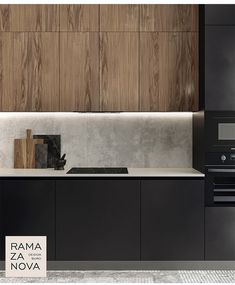 a modern kitchen with black cabinets and white counter tops is featured in the ad for rama zanova