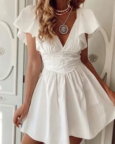 Lasaky - Casual Ruched V-Neck Ruffle Sleeve Dress Casual White Dress, Ruffle Sleeve Dress, Grad Dresses, Dress Size Chart, Ruched Dress, Olivia Mark, Ruffle Dress, Flutter Sleeve, Boho Dress