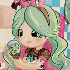 a cartoon girl holding an ice cream sundae