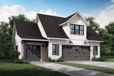 this is an artist's rendering of the garage and living quarters for these two - story house plans