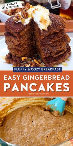 a stack of pancakes on a plate with the words fluffy & cozy breakfast easy gingerbread pancakes