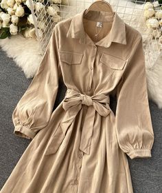 Stylish A Line Long Sleeve Dress Fashion Top Outfits, Fashion Tops Blouse, Long Sleeve Shirt Dress, Green Brown, Orange Pink, Fashion Tops, Dress Fabric, Clothing Patterns, Occasion Dresses