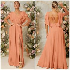 Never Worn - Only Tried On And Decided To Go With Another Dress. A Line, Butterfly Sleeve, Split Thigh. Size: Medium In Inches: Us 6, Shoulder 15.4, Length 60.2, Sleeve Length 8.5, Bust 36.6, Waist Size 29.3 Peach V-neck Maxi Dress For Parties, Pink Short Sleeve Maxi Dress For Bridesmaids, Peach Fitted Dress For Bridesmaids, Fitted Peach Bridesmaid Dress, Peach V-neck Maxi Dress For Wedding, Flowy Peach Maxi Dress For Party, Peach Flowy Maxi Dress For Party, Pink Tie Back Maxi Dress For Bridesmaid, Peach Maxi Length Bridesmaid Dress