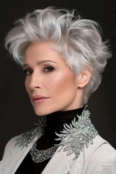 100 Elegant Pixie haircuts for older women For All Face Shapes. Number 71 is not What You Expect! Layer Pixie Haircut, White Hair With Lowlights Older Women, Short Curly Grey Hair, Short Gray Hair Over 50, Grey Pixie Haircut, Bold Haircuts, Very Short Pixie Cuts, Grey Hair Looks, Short White Hair