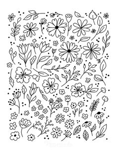 a black and white drawing of flowers with dots in the middle, on a white background