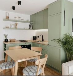 the kitchen is clean and ready to be used for cooking or dining room furniture, as well as green cabinetry