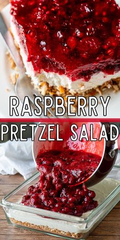 raspberry pretzel salad is an easy dessert that's ready to be eaten