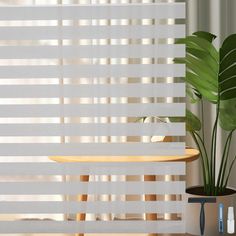 a table with a potted plant on it next to a window covered in blinds