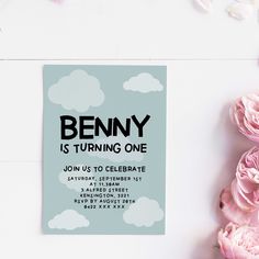 a birthday party card with pink flowers and clouds