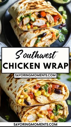 southwest chicken wrap on a black plate with the title text overlay reads southwest chicken wrap