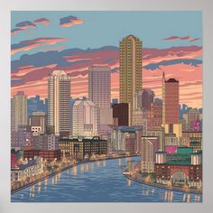 a painting of a city skyline at sunset