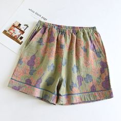 Crank up your loungewear style with our Double-layer Gauze Floral Pajama Shorts. Adorned with a delightful gourd and flower print, these shorts epitomize style and elegance, making them suitable for both indoor and outdoor wear. Enhanced practicality comes from the addition of two side pockets, perfect for carrying your phone or small essentials.Note: Shrinking by 2-3 cm is normal for pure cotton fabrics.Product ID: OK6977Care: This pajama is machine washable and dryable. Please wash at a low te Cotton Pajama Shorts, Yarn Weaving, Loungewear Fashion, Sleepwear Fashion, Women Skin, Floral Pajamas, Soft Pants, Pants Loose, Cotton Pyjamas