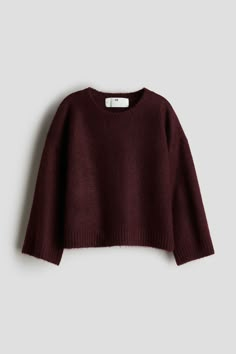 Soft  knit sweater. Round neckline  dropped shoulders  and long sleeves. Ribbing at neckline  cuffs  and hem. Dark Red Sweater, Formal Sweater, Winter Tops For Women, Red Christmas Sweater, Clogs Outfit, Tie Sweater, Winter Fashion Trends, 2024 Christmas