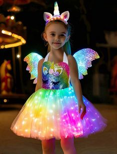 PRICES MAY VARY. Material:Girls unicorn costumes with comfortable net yarn, and waterproof LED light, special gift for your girls. Size: for 3~4Y,5~6Y,7~8years old girls. material is very elastic net yarn. Include: 1LED Dress+1LED Headband+1 LED Wing+6PCS CR2032 batteries. Design: Unicorn dress with multicolor waterproof LED light, light can be solid and sparkling,very shiny and special. Wash: can wash by hand, and take the battery out before washing, and dry by air. For: Halloween, birthday par Creative Kids Costumes, Creative Halloween Costumes For Kids, Unicorn Dresses For Kids, Girls Unicorn Costume, Costume Rainbow, Unicorn Costumes, Unicorn Dresses, Unicorn Costume Kids, Girl Unicorn Costume