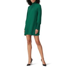 Green crepe (100% Polyester). Shift. Long sleeves. High neckline. Pockets. 39" from shoulder to hemline. Imported. Amanda Uprichard Dress, Weather Seasons, Amanda Uprichard, Rent The Runway, Closet Designs, High Neckline, Green Dress, Puff Sleeve, Long Sleeves